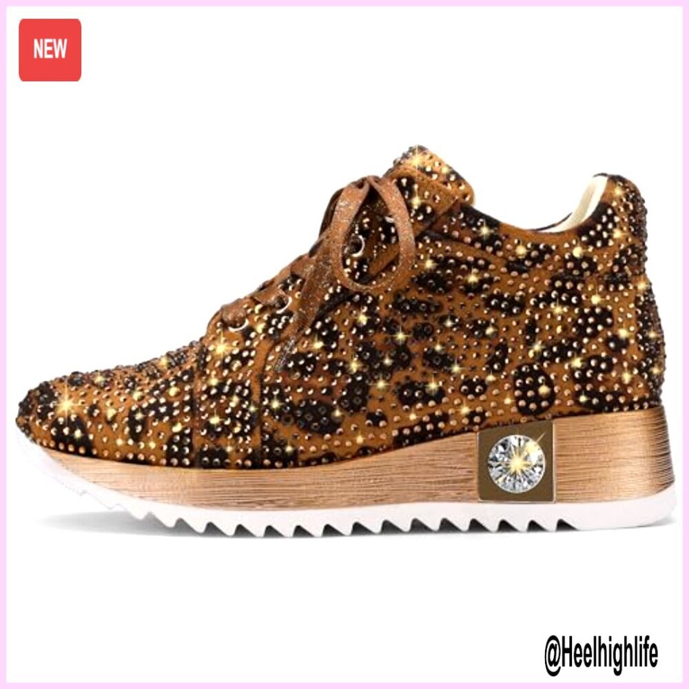Glitter Platform Wedge Sneakers with Rhinestones, 1.8 Inch Heel, Sparkly High - Picture 4 of 7